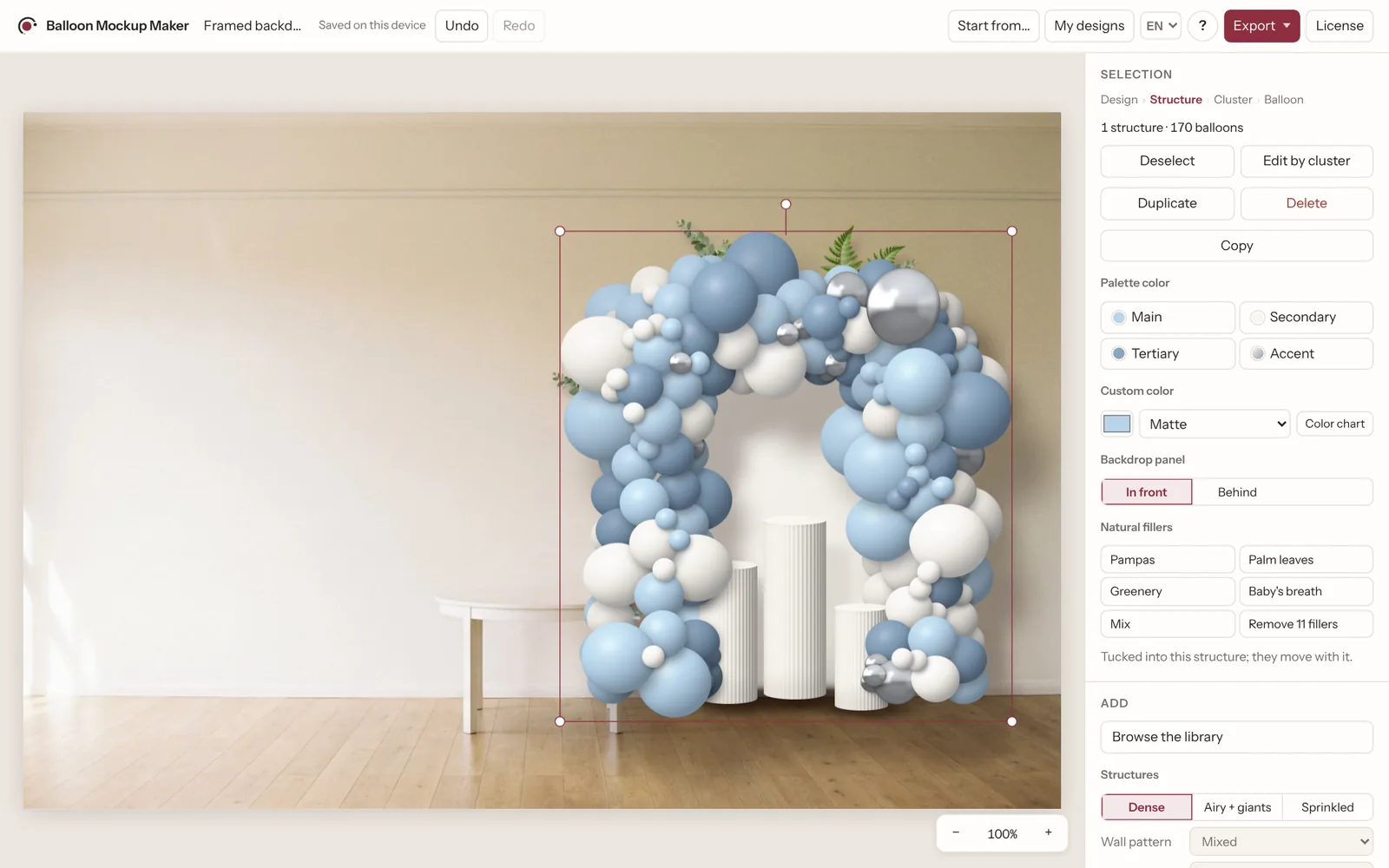 The Balloon Mockup Maker editor with a framed backdrop selected and its options in the side panel