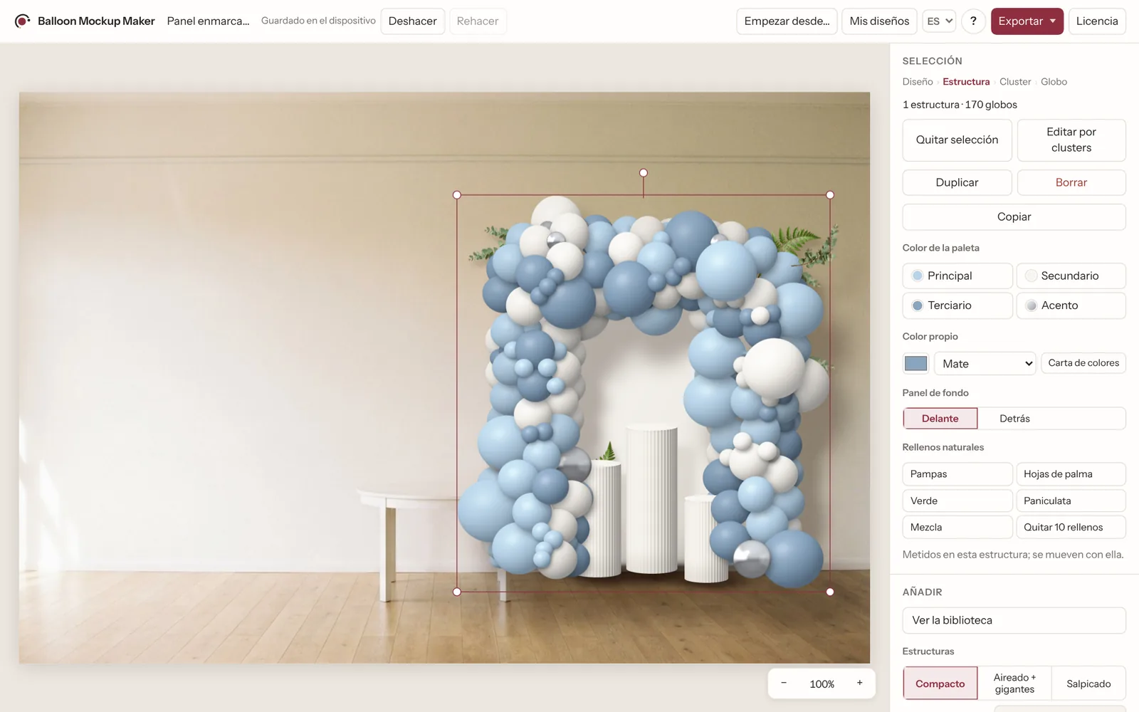 El editor de Balloon Mockup Maker con un panel enmarcado seleccionado y sus opciones en el panel lateral