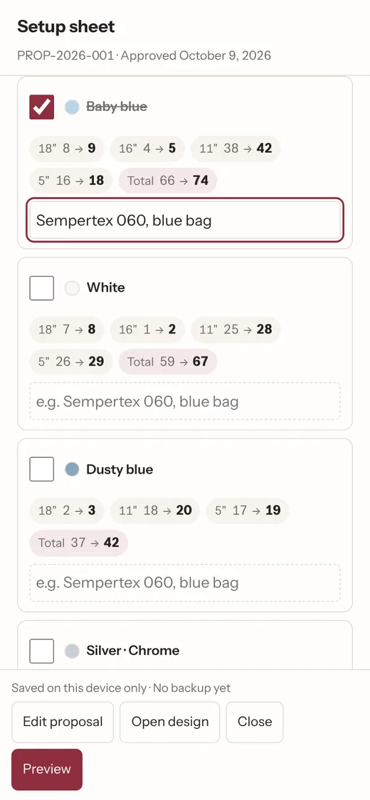 The setup sheet on a phone: one card per color with sizes, a prepared tick and a private reference
