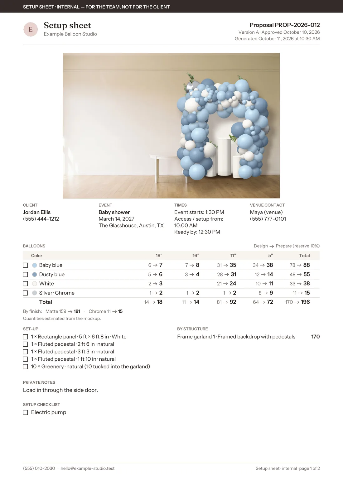 Internal setup sheet made by the app: balloons by color and size with a spare margin, set-up pieces and checklists
